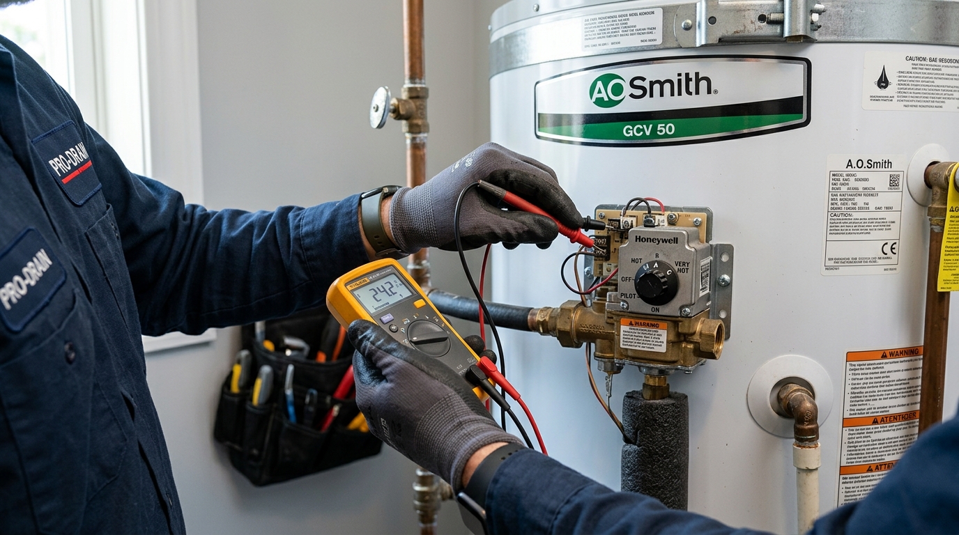 Plumber installs new water heater in utility room
