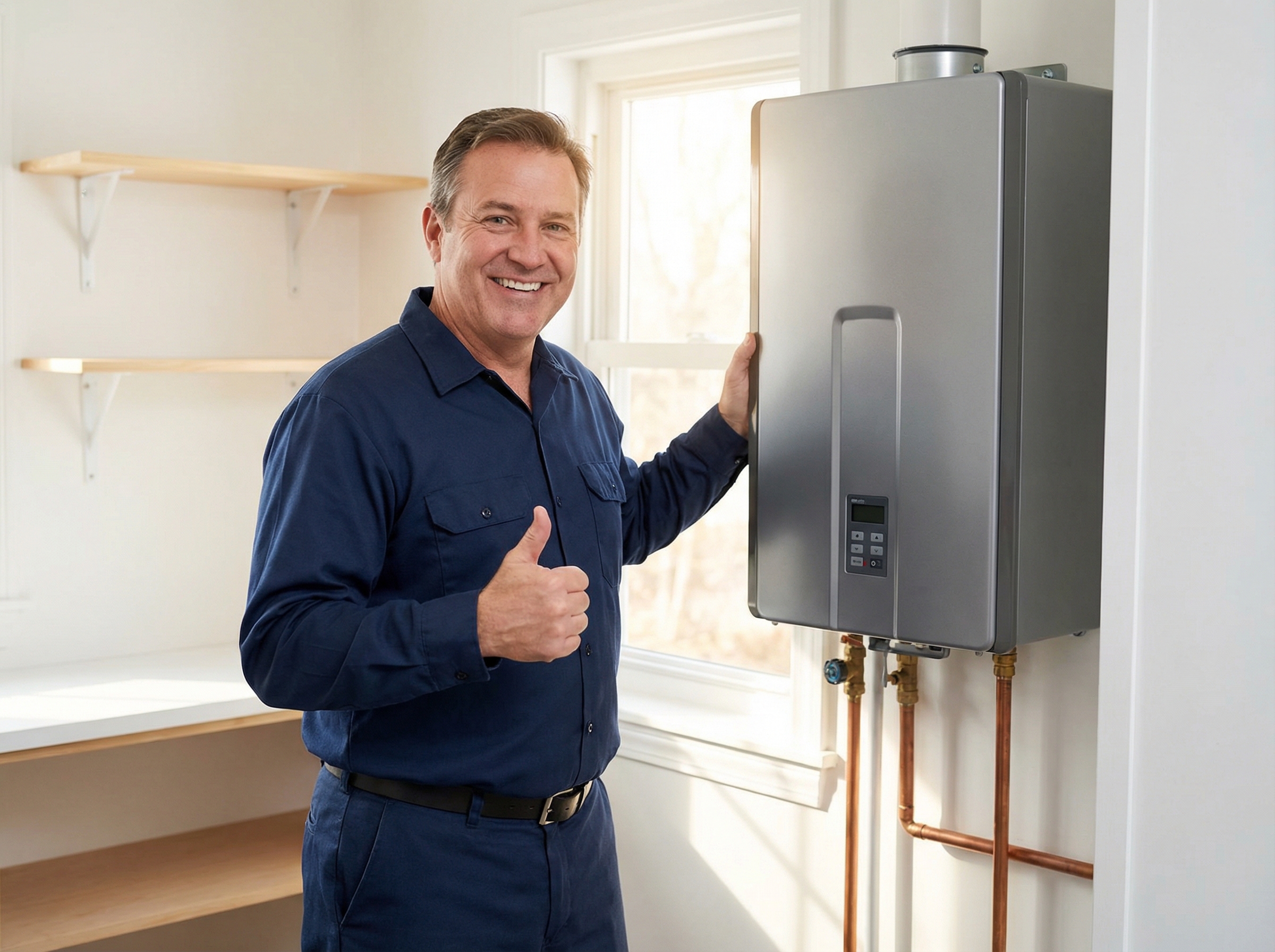 Water Heaters Any Time technician giving thumbs up after installing a tankless water heater